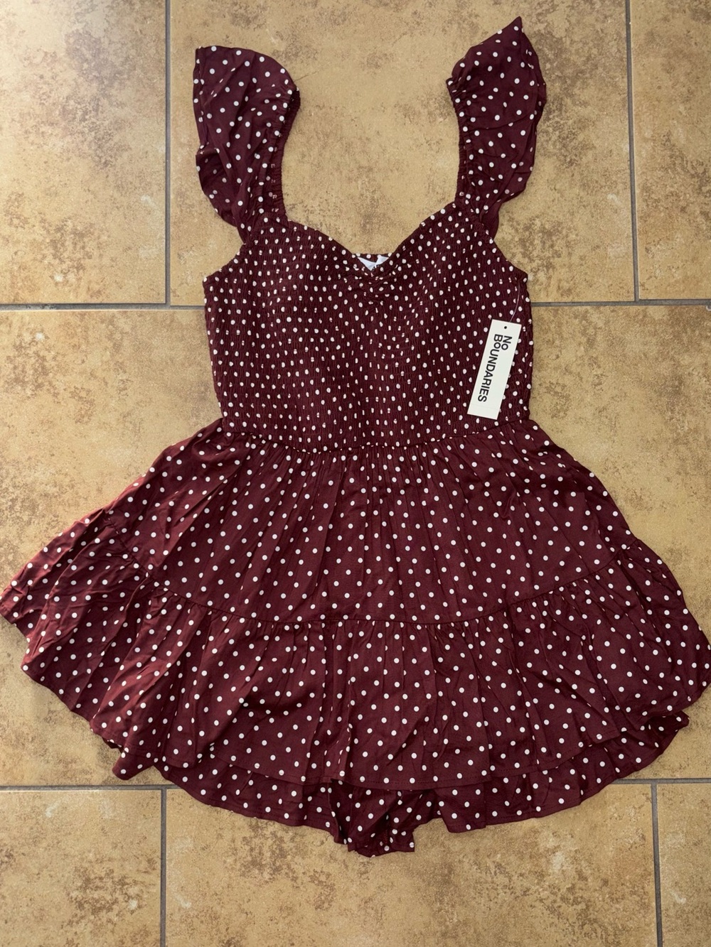 No Boundaries Burgundy Polka Dot Ruffle Romper